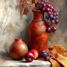 Druiven en Vazen Stilleven - Roodbruin Krachtig Schilderij van Joriali fotografie en schilderijen