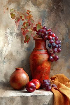 Grapes and Vases Still Life - Red-brown Powerful Painting
