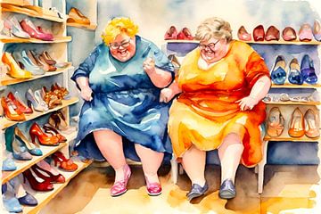 2 sociable ladies have fun in the shoe shop by De gezellige Dames