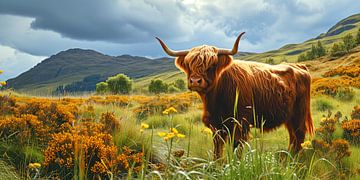 Schottischer Highlander in Berglandschaft von Vlindertuin Art