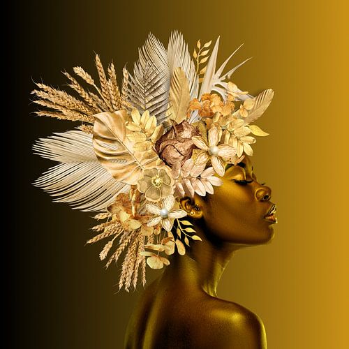 Bloemenportret Zwart & Goud Achtergrond zwart naar goud - Vierkant-01