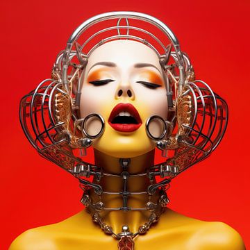 Digitaal creëerde hele mooie sexy vrouw met bizar fetisj masker in high fashion stijl van Art Bizarre