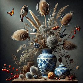 Delft Blue Still Life with Bird and Butterfly by Kleurenrijk