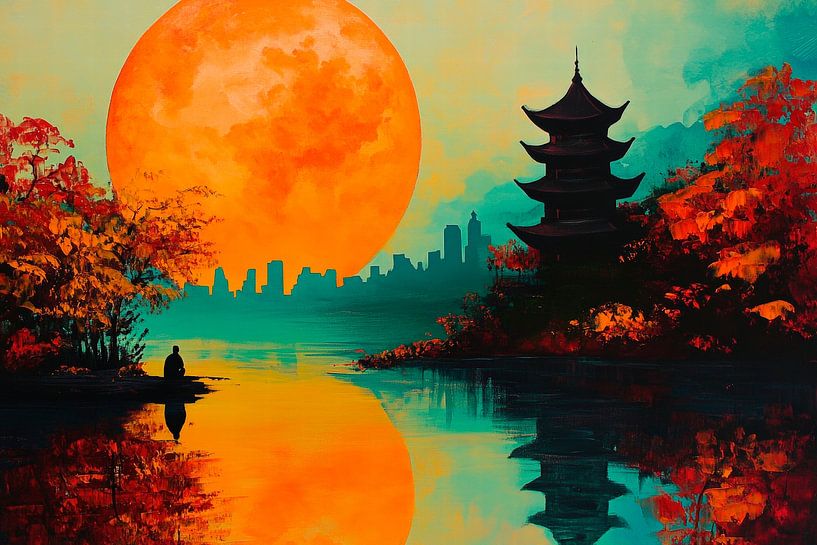 Herbstliche Pagode bei Sonnenuntergang von Poster Art Shop