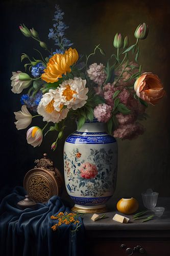 Fleurs d'été dans un vase chinois, nature morte