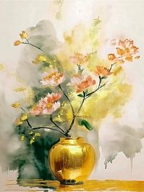 Japandi Art. Sfeervol Stilleven. Bloesemtak in gouden vaas