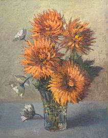 Orange chrysanthemums in vase - Oil on hardboard by Galerie Ringoot