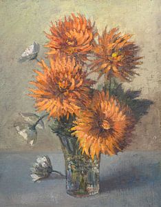 Orangefarbene Chrysanthemen in Vase - impressionistisches Gemälde auf Hartfaserplatte von Galerie Ringoot