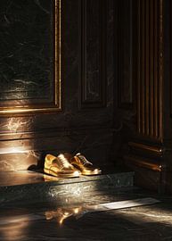 Goldene Brogue-Schuhe auf einem Sockel aus dunklem Marmor von Morgan