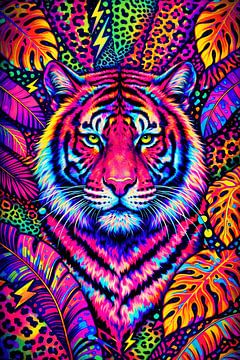 Neon-Pop-Art-Tiger-Leinwand – Lebendige, psychedelische Dschungel-Wanddekoration – Auffälliger, farbenfroher Tierprint für moderne Innenräume von adib maula