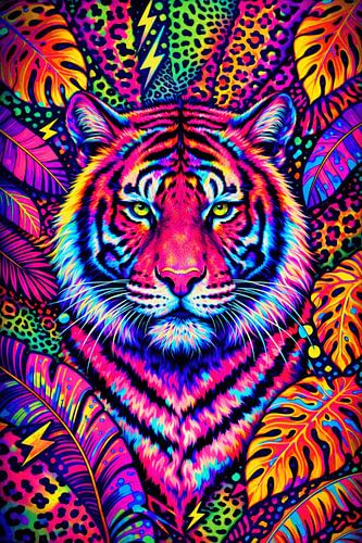 Toile « Tigre » style Pop Art néon - Décoration murale « Jungle psychédélique » aux couleurs vives - Imprimé animalier coloré et audacieux pour les intérieurs modernes