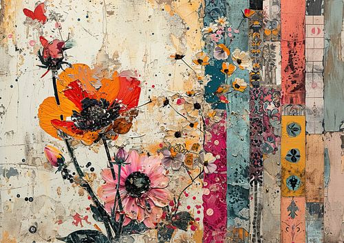 Peinture de fleurs colorées | Technique mixte Fleurs