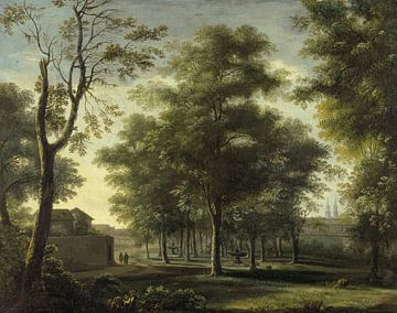 Figuren wandelen in een park met kathedraal achter hen, Meindert Hobbema