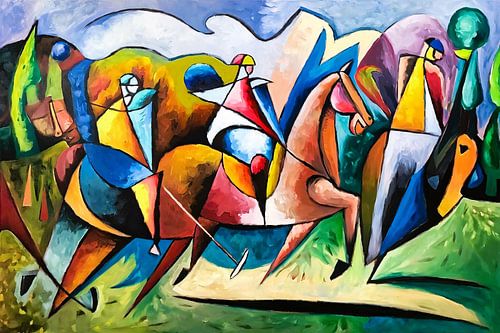 Abstracte ruiters op kleurrijke paarden