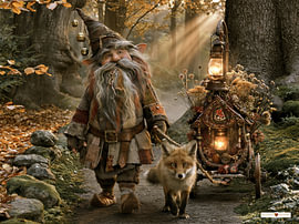 Gnome with a fox in the woods by Gelissen Artworks