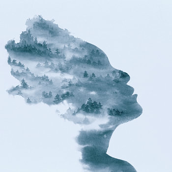 Laat het los (blauw aquarel schilderij portret vrouw bos bomen silhouet gezicht vierkant abstract)