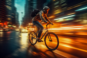 Pendler auf einem Elektrofahrrad rast durch den Stadtverkehr