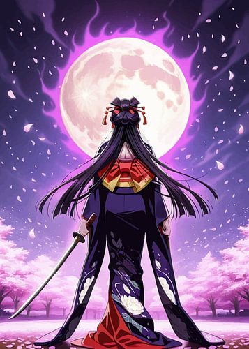 Japanse Geisha die Katana vasthoudt onder de maan