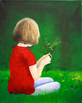 Mädchen pflückt Blumen van Andrea Meyer