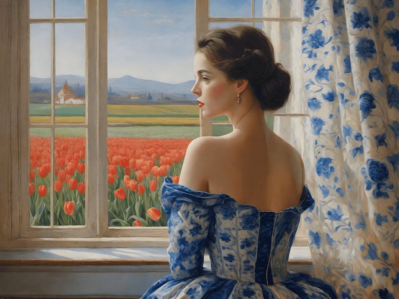 A portrait of a lady in a delft blue dress by Jolique Arte