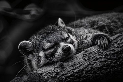 Slapende wasbeer op boomtak