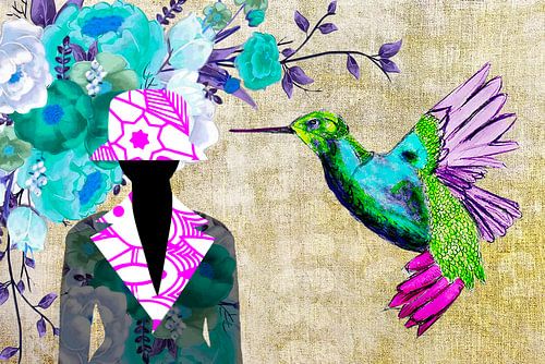 Colourful flowers and hummingbird