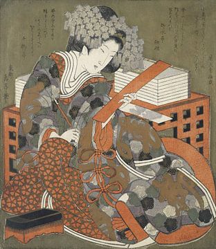 Vrouw met gedicht, Yashima Gakutei, ca. 1825. Japanse kunst ukiyo-e in groen en terracotta van Dina Dankers