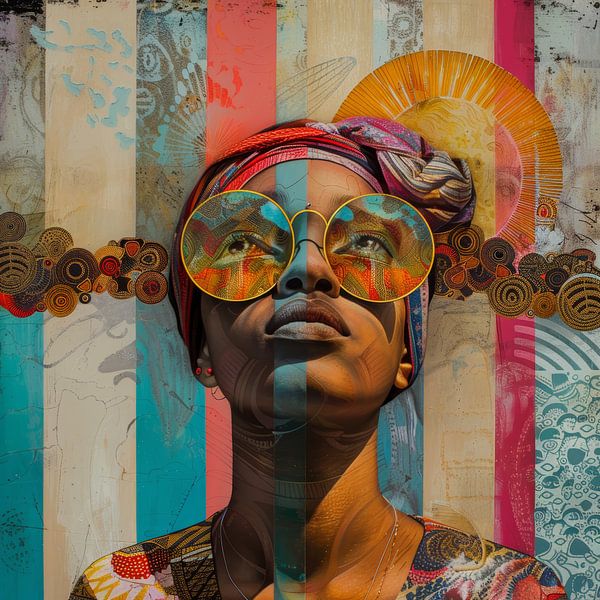 Surreal retro image of a female person with wallpaper stripes as background square by Digitale Schilderijen