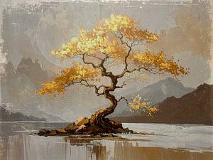 Japandi Art. Japanische Berglandschaft in Goldtönen