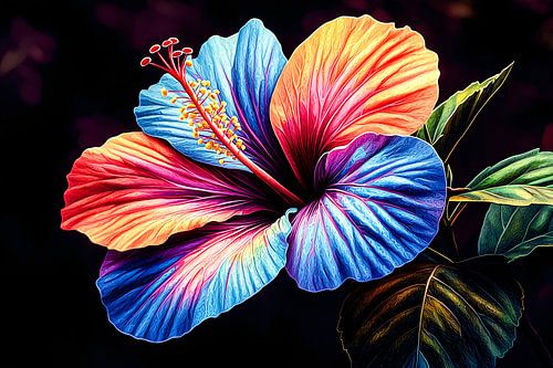 Fleur d'hibiscus colorée avec des feuilles