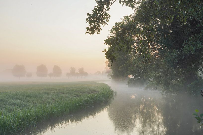 Landscape with water, trees and mist by Dirk van Egmond