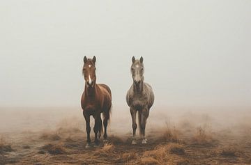 Wild horses in the fog