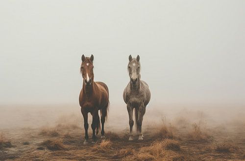 Wild horses in the fog
