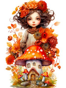 Herfstmeisje en paddenstoelenhuisje van haroulita