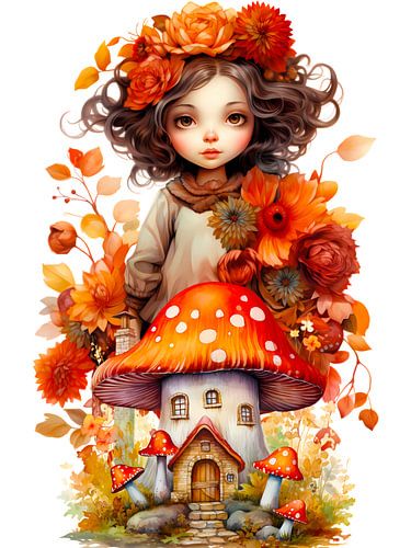 Herfstmeisje en paddenstoelenhuisje