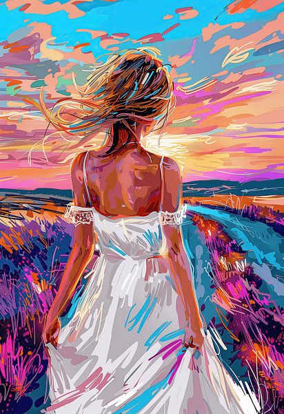 Dreamy Summer Evening with Woman in White Dress by Steinfox Art