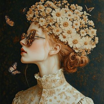 Bloem Vrouw | Gouden Bloemen Jurk van Blikvanger Schilderijen