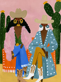 Zwei farbenfrohe Cowgirls mit Cowboyhüten und Kakteen