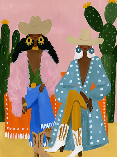 Deux cow-girls hautes en couleur, coiffées de chapeaux de cow-boy et entourées de cactus