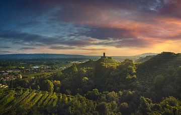 Prosecco heuvels, wijngaarden en San Lorenzo kerk. van Stefano Orazzini