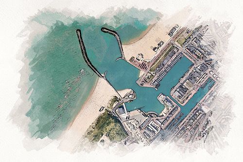 Map of the harbor of Scheveningen in watercolor style