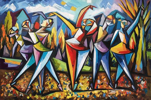 Dansende figuren in kleurrijk landschap