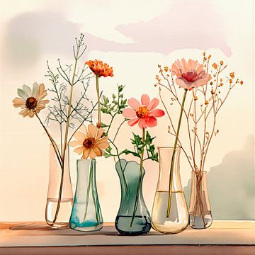 Elegant en stijlvol Stilleven: Rij vaasjes met veldbloemen van Studio Pieternel