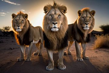 Trois lions à l'heure dorée sur Digitale Schilderijen