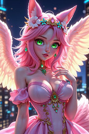 Fantasy Anime Cyberpunk Décoration Murale: ELYSAVERA – Sexy Anime Foxy Angel Girl dans la ville sur INFERAURUM - Dark Fantasy Wall Art