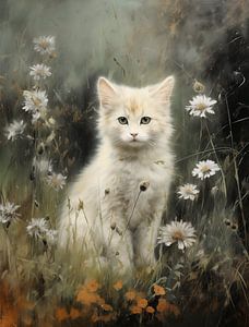 Chaton blanc parmi les marguerites