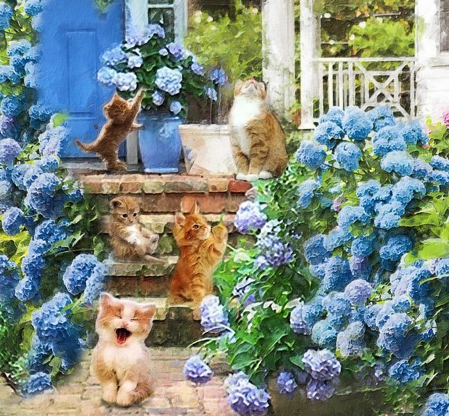 Cats, pets, playing on the garden steps. by Marita Vento