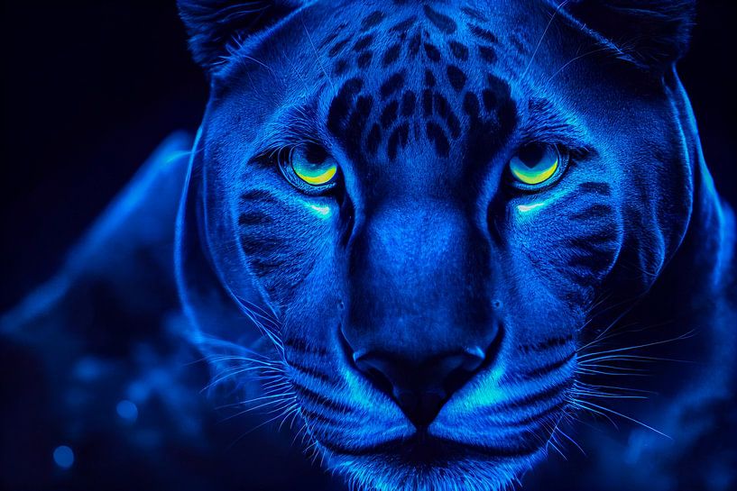 portret van een blauwe neon panter, generatieve ai illustratie van Animaflora PicsStock