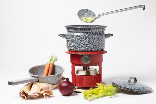 Still life / Vintage pan on a red kerosene stove with vegetables
