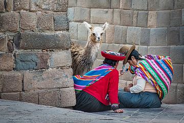 Two Peruvian women with lamas in an ancient Inca Wall by Rietje Bulthuis